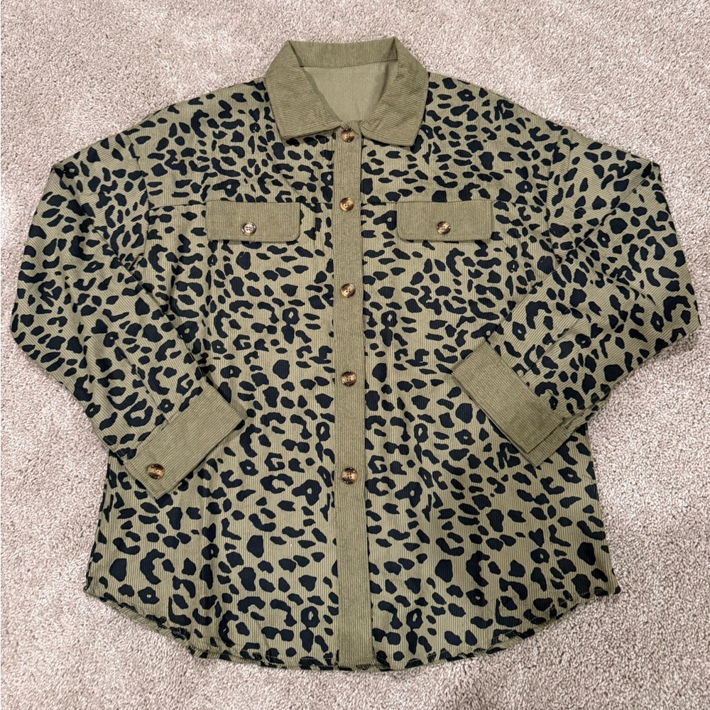 Olive Green Leopard Print Button-Up Shacket